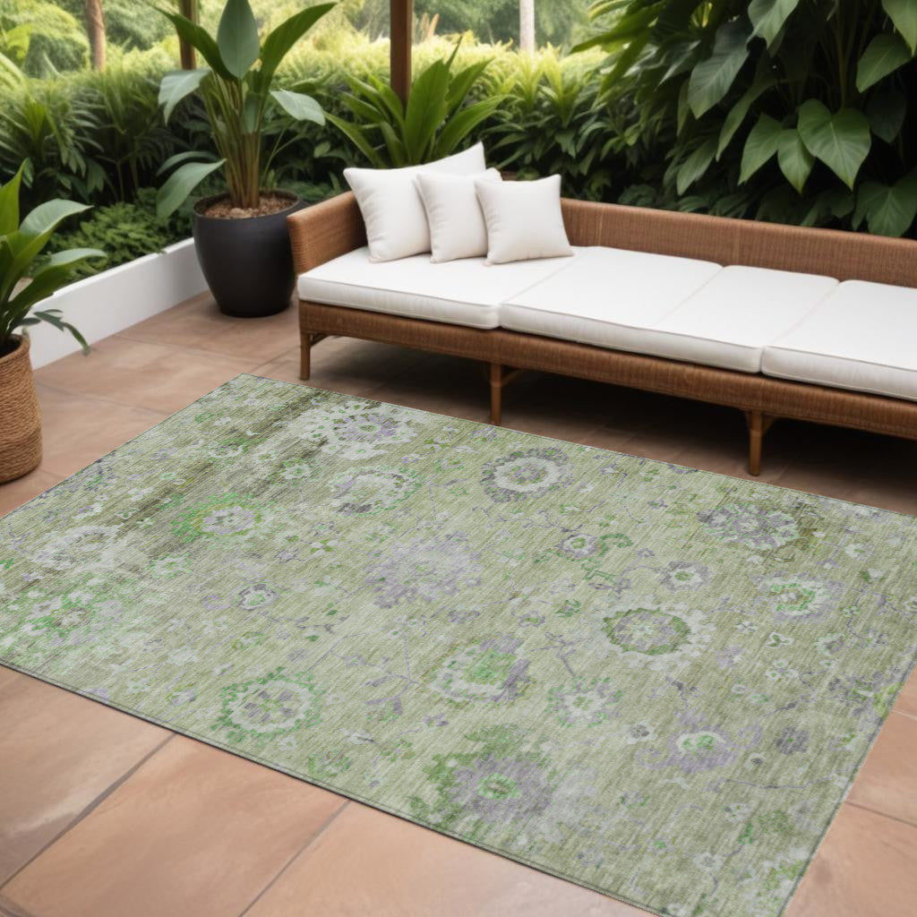 9 X 12 Mint Green And Gray Floral Washable Indoor Outdoor Area Rug