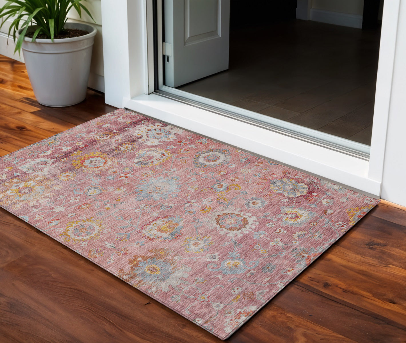3 X 5 Pink Gray And Gold Floral Washable Indoor Outdoor Area Rug