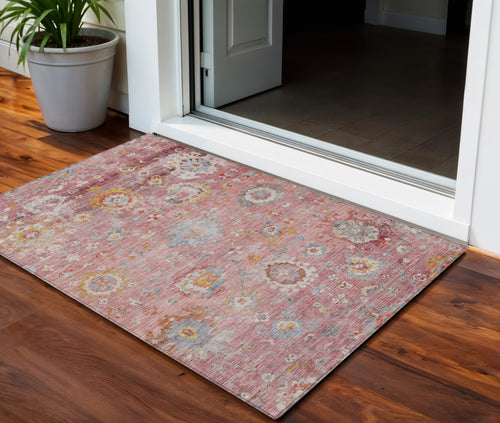 3 X 5 Pink Gray And Gold Floral Washable Indoor Outdoor Area Rug