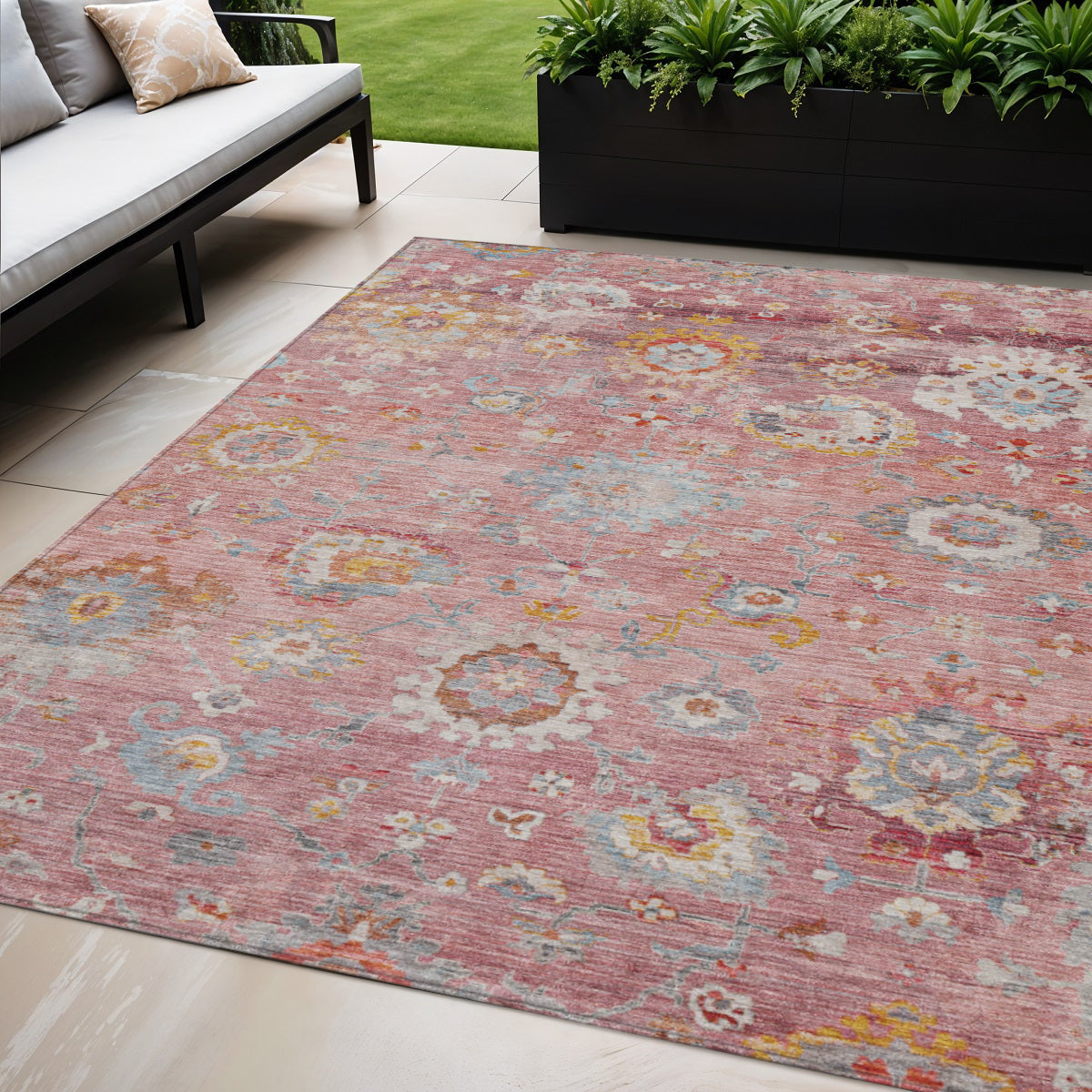 5 X 8 Pink Gray And Gold Floral Washable Indoor Outdoor Area Rug