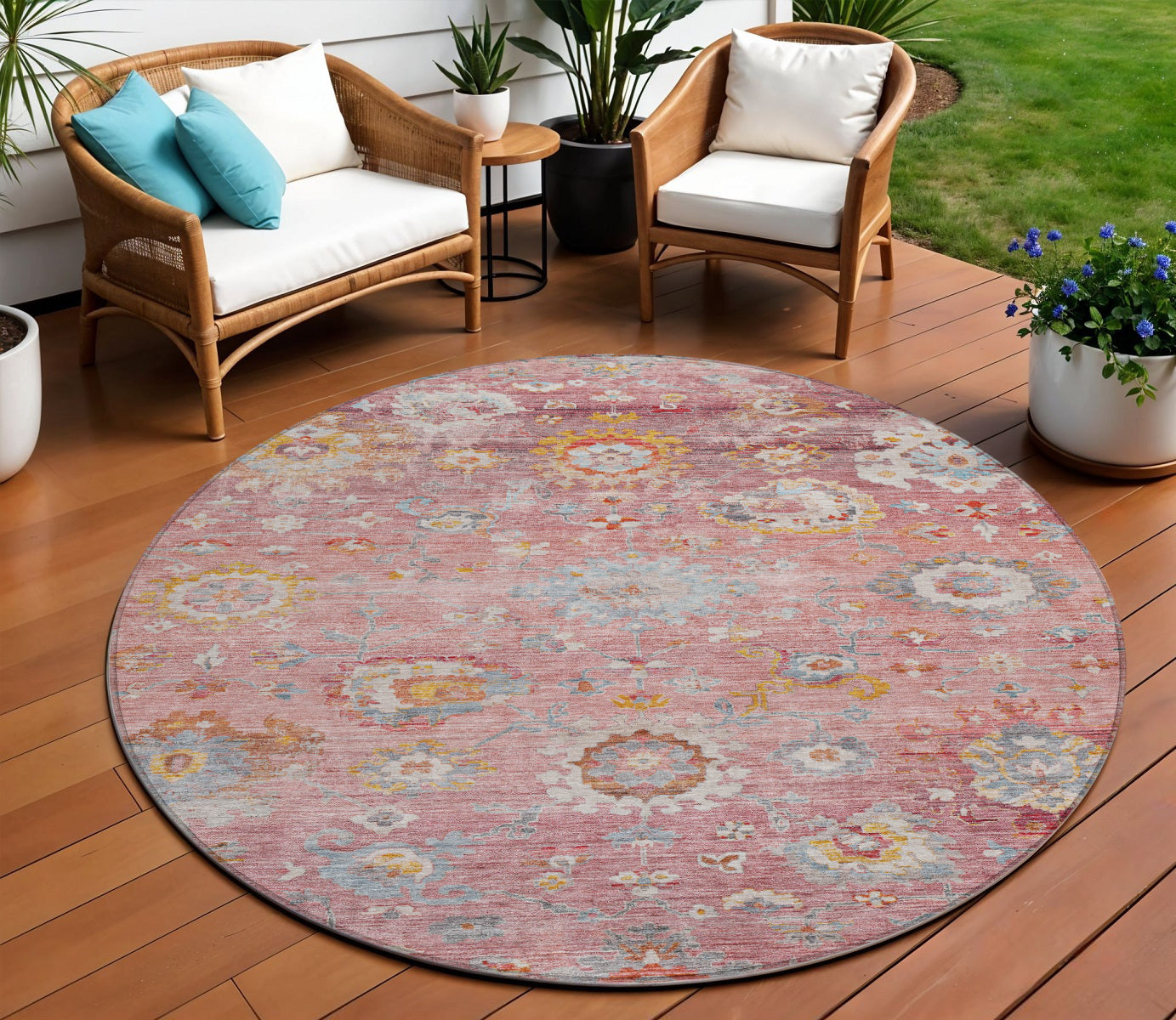 8 Pink Gray And Gold Round Floral Washable Indoor Outdoor Area Rug
