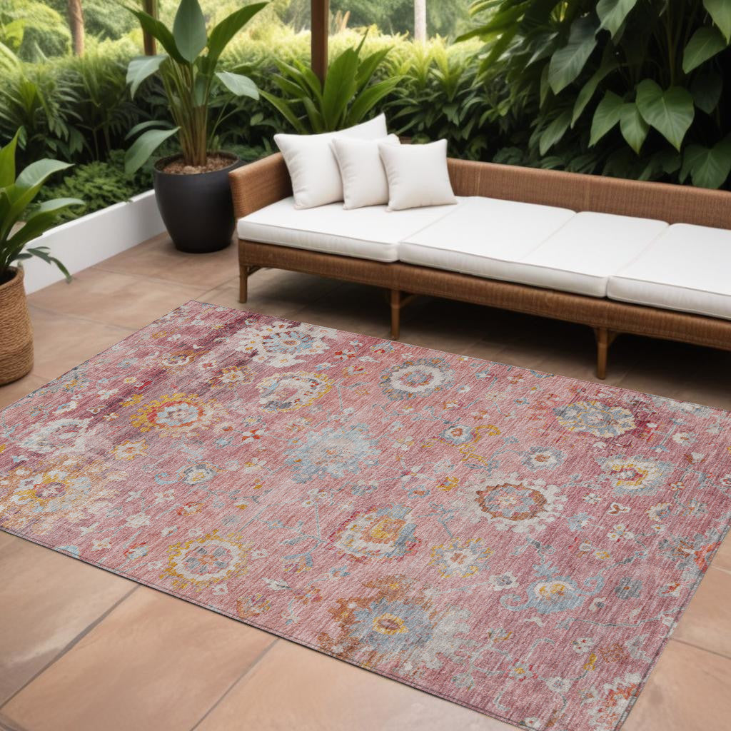 9 X 12 Pink Gray And Gold Floral Washable Indoor Outdoor Area Rug