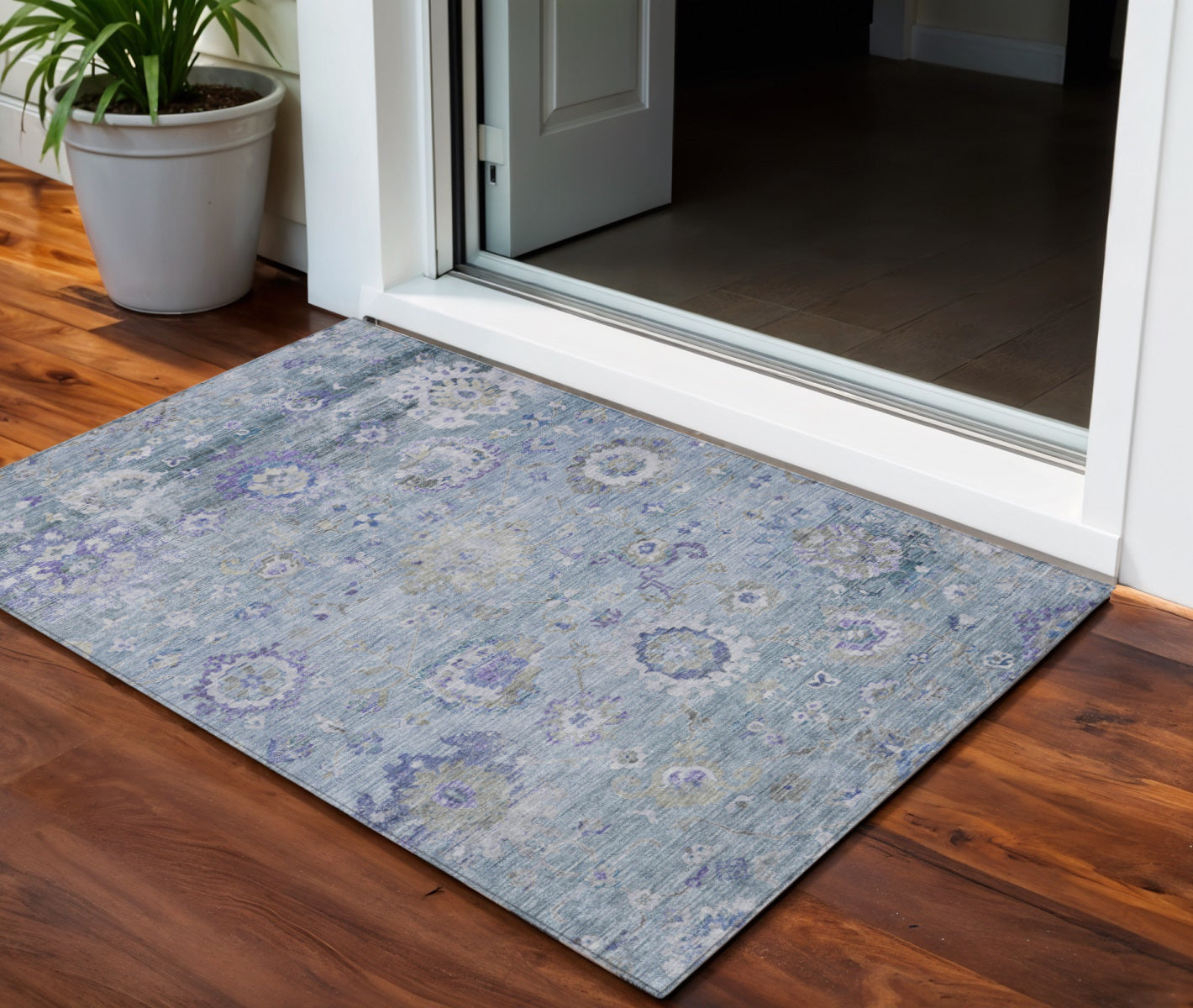 3 X 5 Sky Blue Purple And Gray Floral Washable Indoor Outdoor Area Rug