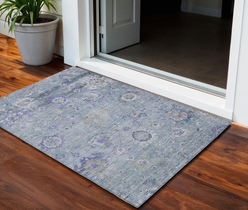 3 X 5 Sky Blue Purple And Gray Floral Washable Indoor Outdoor Area Rug