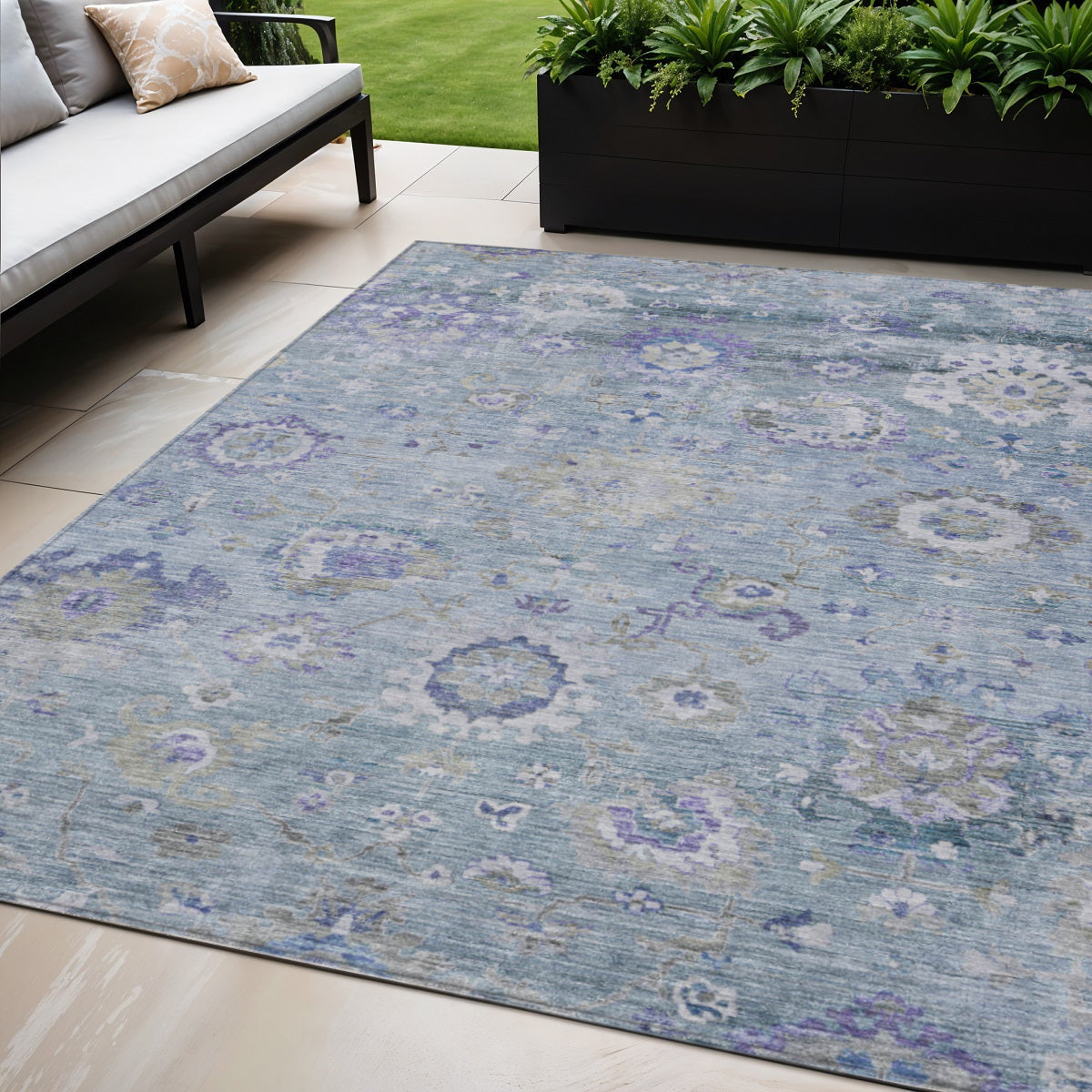 5 X 8 Sky Blue Purple And Gray Floral Washable Indoor Outdoor Area Rug