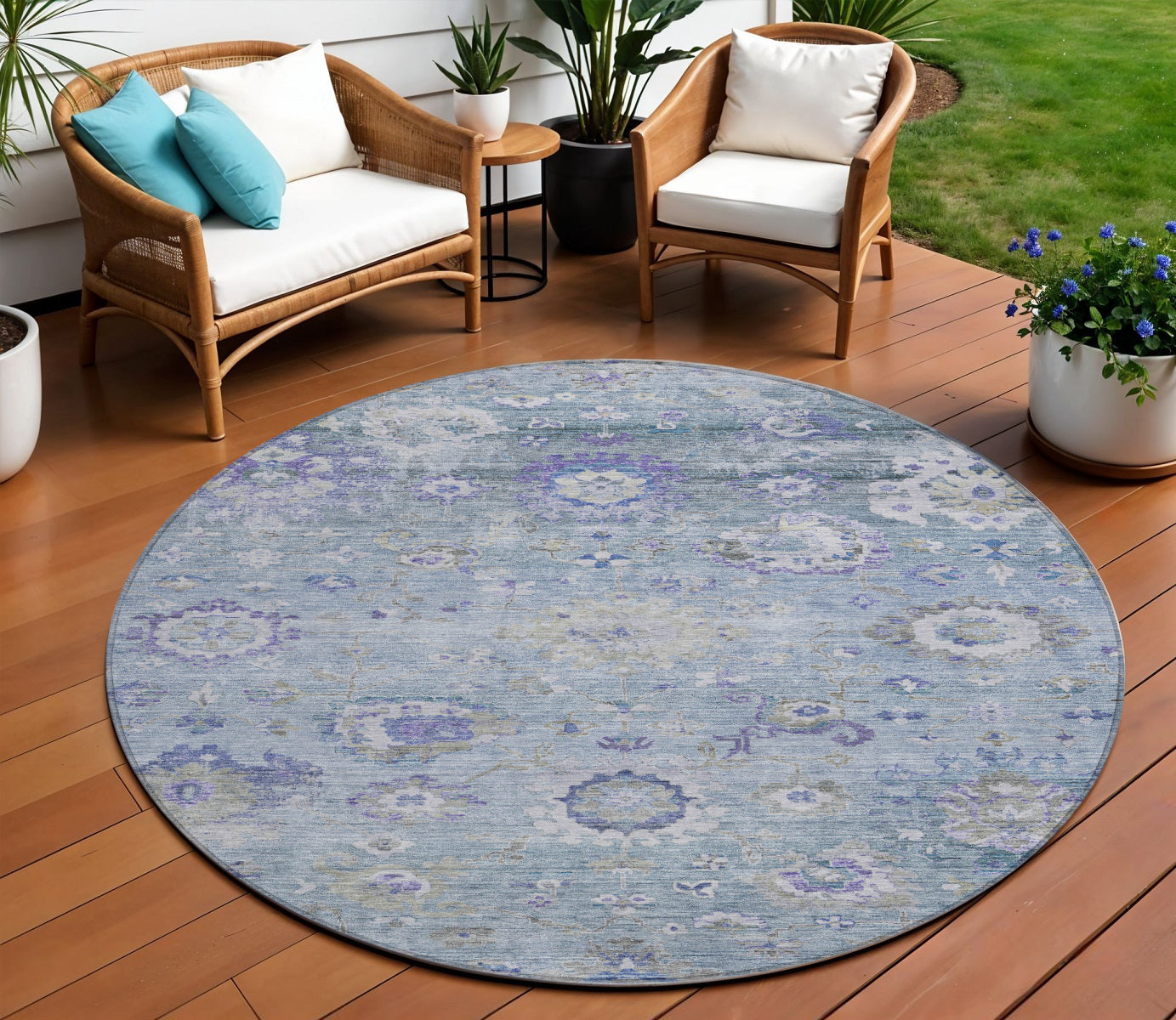 8 Sky Blue Purple And Gray Round Floral Washable Indoor Outdoor Area Rug
