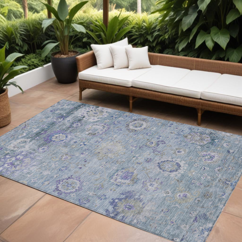 9 X 12 Sky Blue Purple And Gray Floral Washable Indoor Outdoor Area Rug