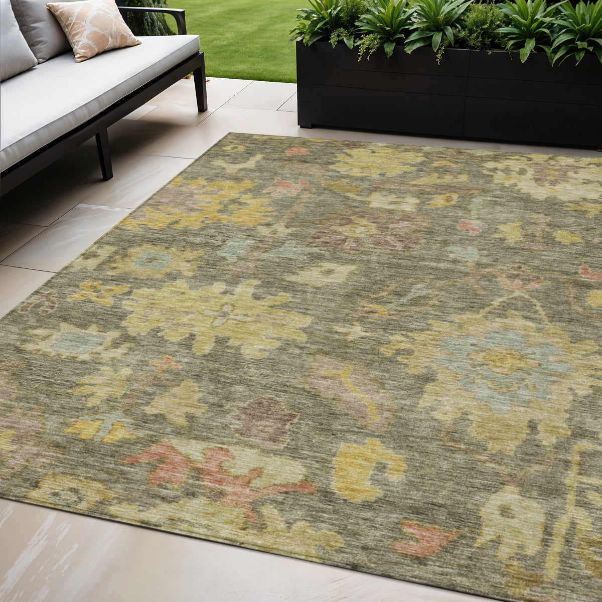 5 X 8 Artichoke Green Coral And Brown Floral Washable Indoor Outdoor Area Rug