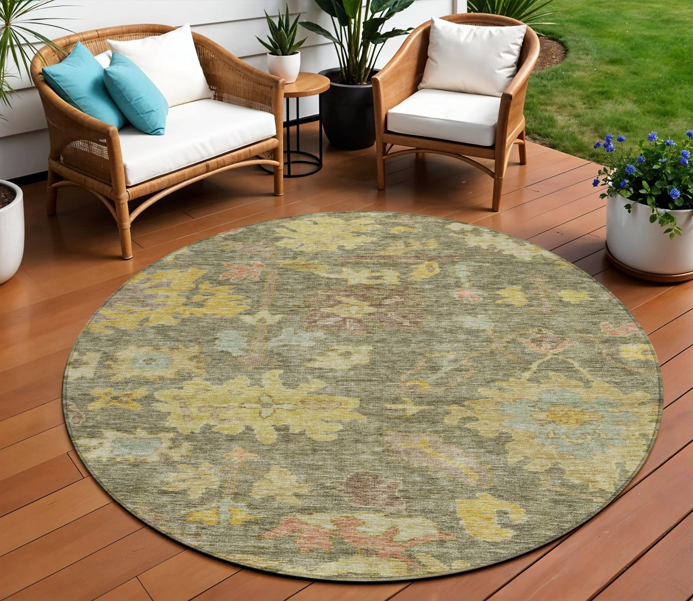 8 Artichoke Green Coral And Brown Round Floral Washable Indoor Outdoor Area Rug