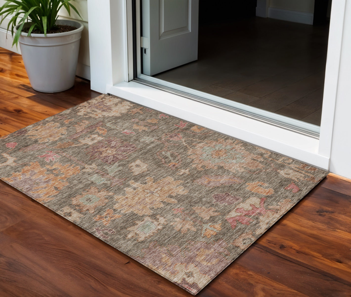 3 X 5 Brown Tan And Terra Cotta Floral Washable Indoor Outdoor Area Rug