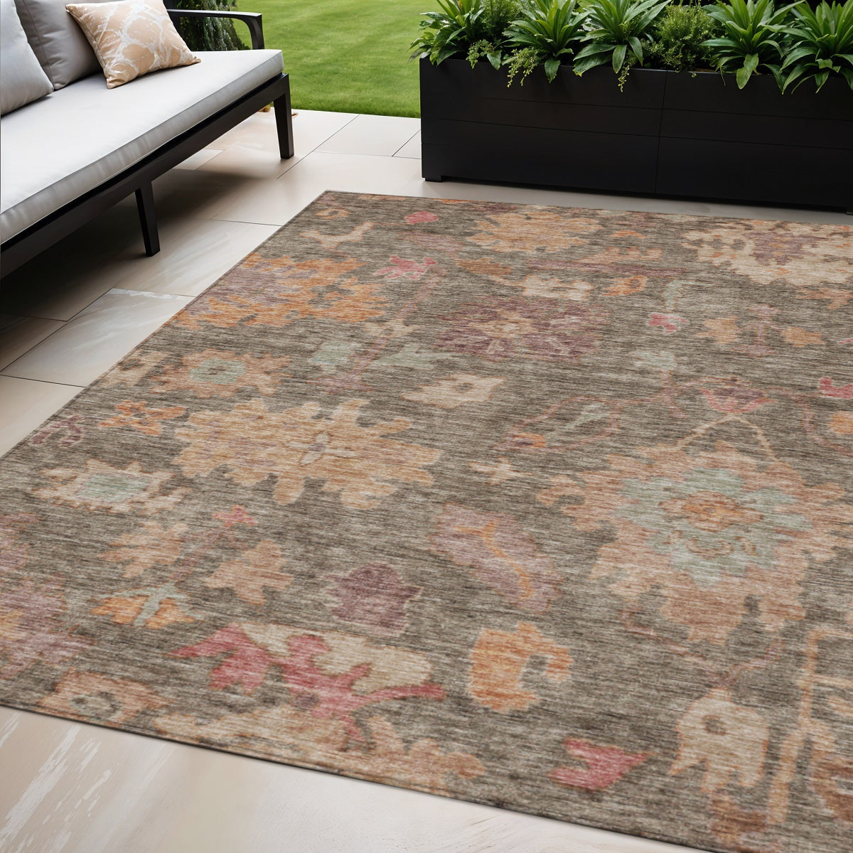5 X 8 Brown Tan And Terra Cotta Floral Washable Indoor Outdoor Area Rug