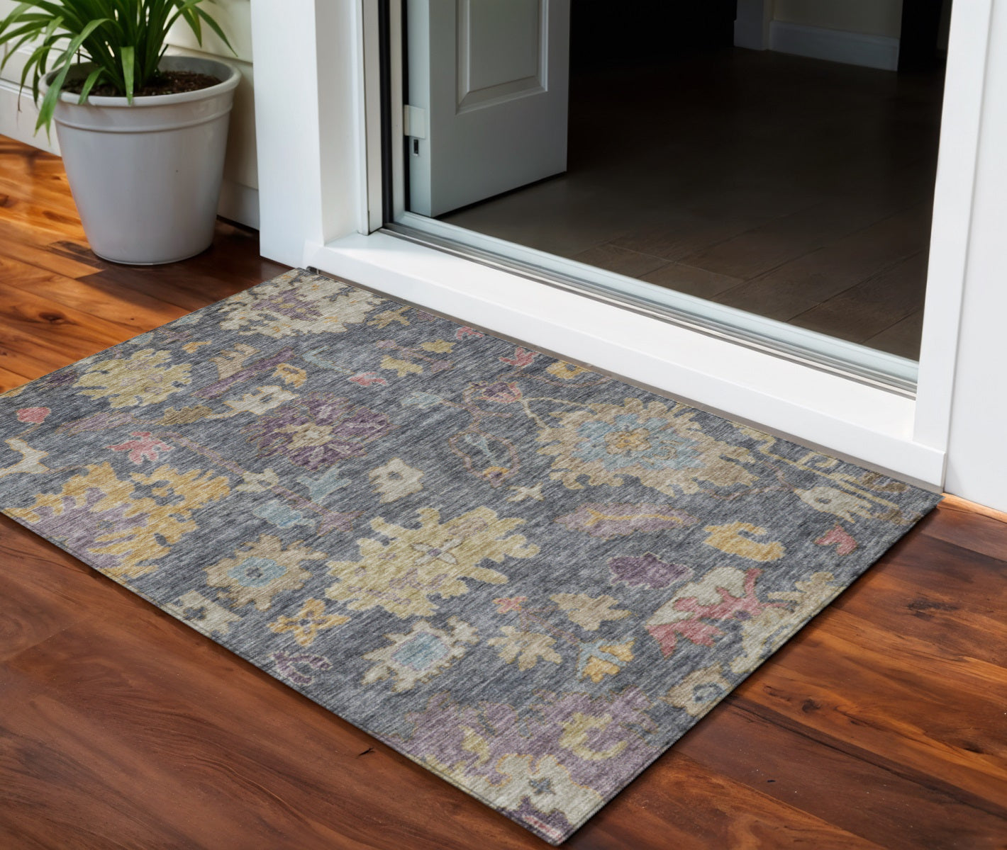 3 X 5 Blue Charcoal And Gold Floral Washable Indoor Outdoor Area Rug