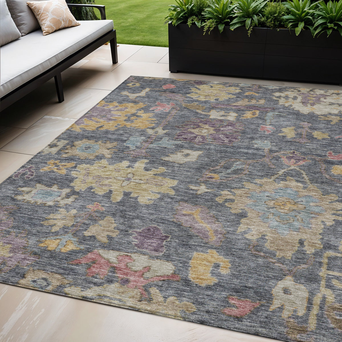 5 X 8 Blue Charcoal And Gold Floral Washable Indoor Outdoor Area Rug