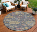 8 Blue Charcoal And Gold Round Floral Washable Indoor Outdoor Area Rug