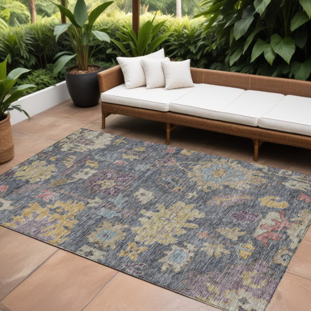 10 X 14 Blue Charcoal And Gold Floral Washable Indoor Outdoor Area Rug
