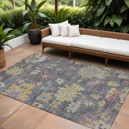 10 X 14 Blue Charcoal And Gold Floral Washable Indoor Outdoor Area Rug