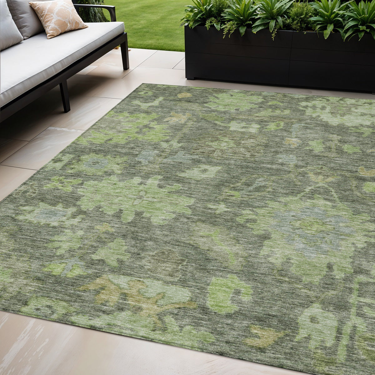 5 X 8 Fern Green And Olive Green Floral Washable Indoor Outdoor Area Rug