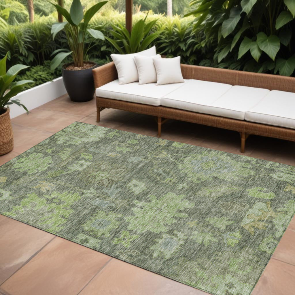 10 X 14 Fern Green And Olive Green Floral Washable Indoor Outdoor Area Rug