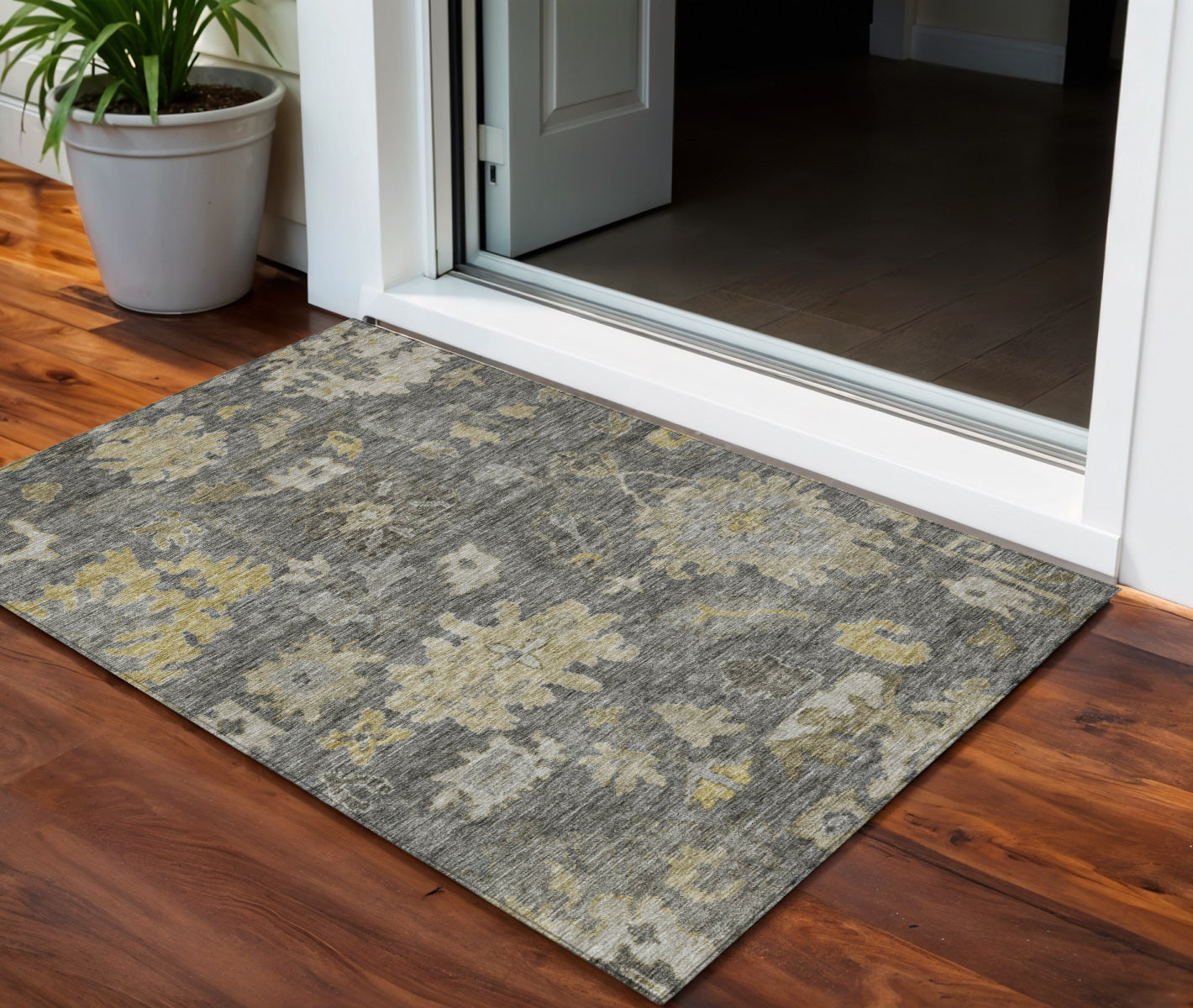 3 X 5 Gray And Charcoal Floral Washable Indoor Outdoor Area Rug