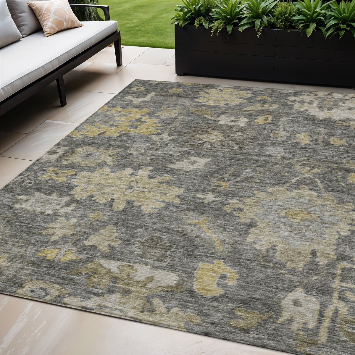 5 X 8 Gray And Charcoal Floral Washable Indoor Outdoor Area Rug