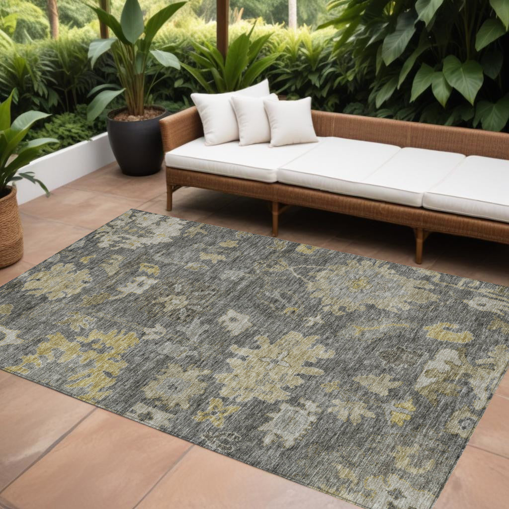 9 X 12 Gray And Charcoal Floral Washable Indoor Outdoor Area Rug
