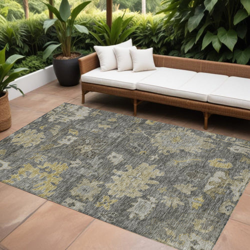 10 X 14 Gray And Charcoal Floral Washable Indoor Outdoor Area Rug