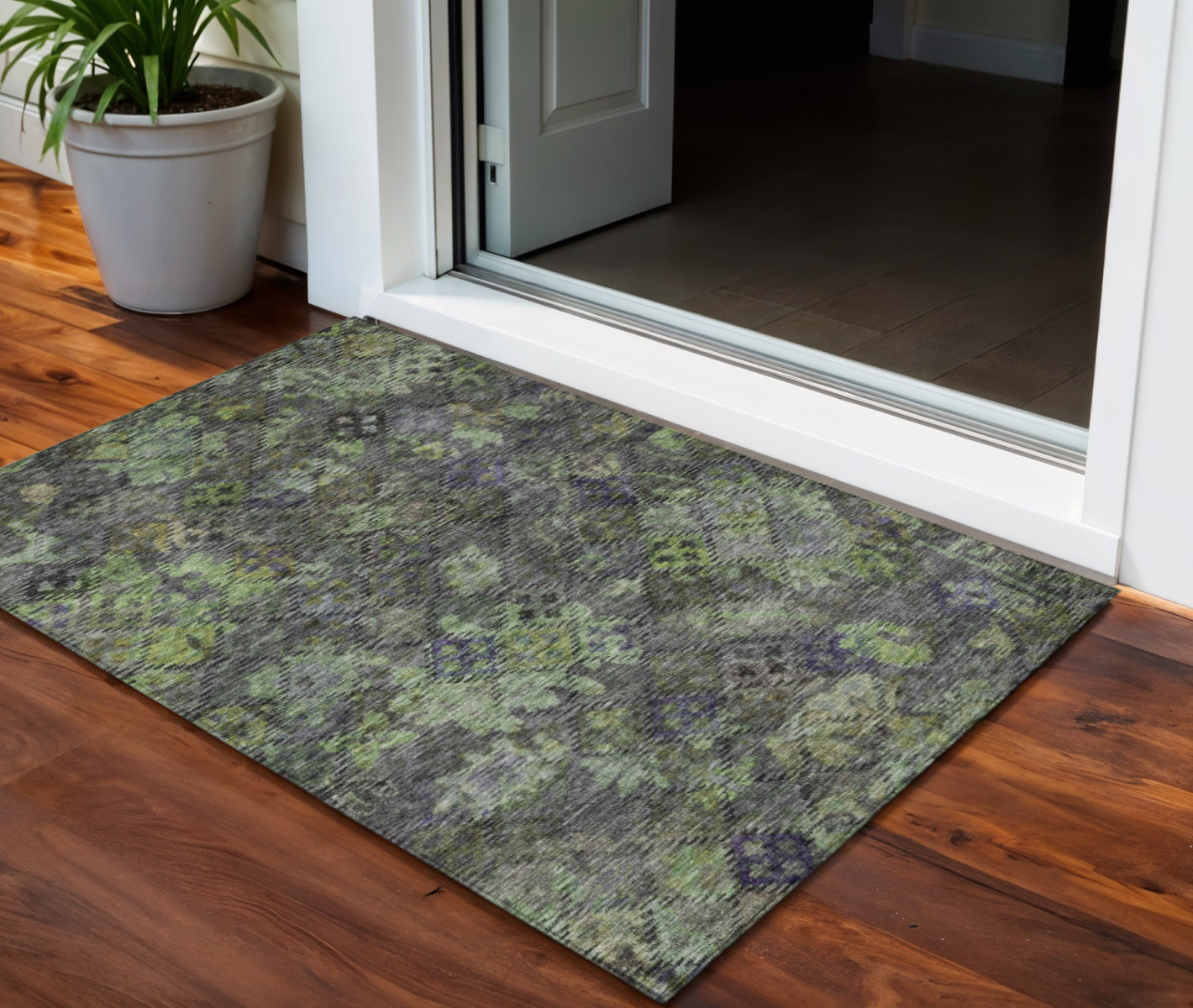 3 X 5 Green Charcoal And Black Floral Washable Indoor Outdoor Area Rug