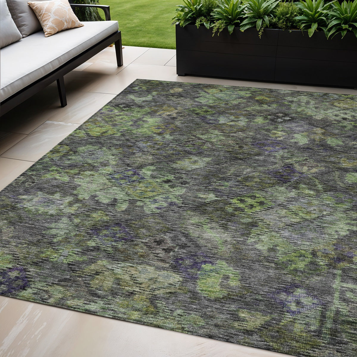 5 X 8 Green Charcoal And Black Floral Washable Indoor Outdoor Area Rug