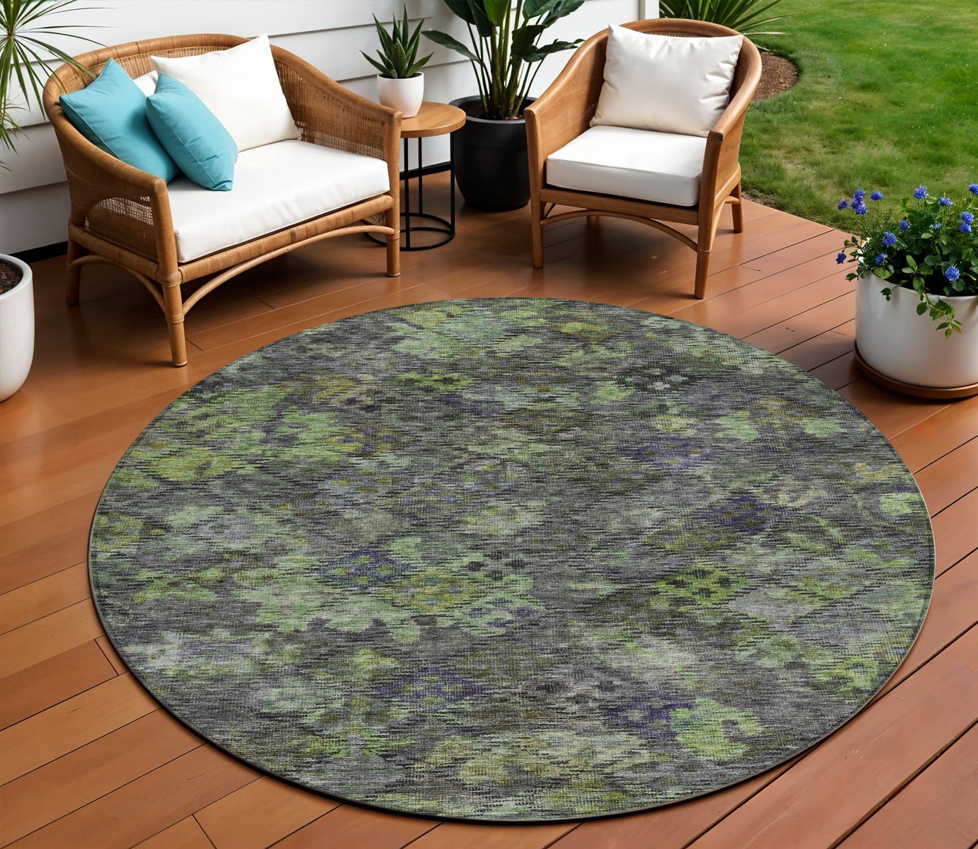 8 Green Charcoal And Black Round Floral Washable Indoor Outdoor Area Rug