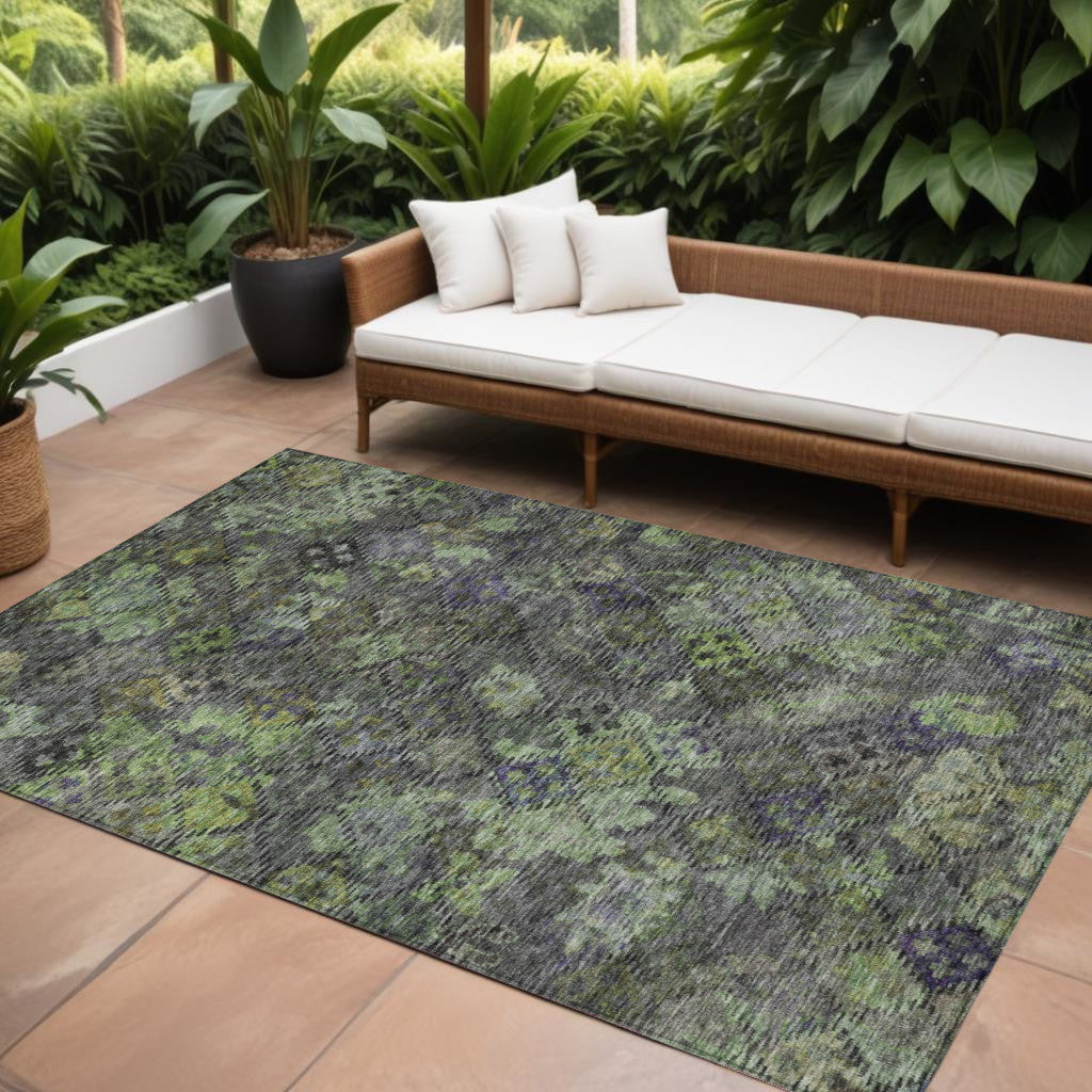 8 X 10 Green Charcoal And Black Floral Washable Indoor Outdoor Area Rug