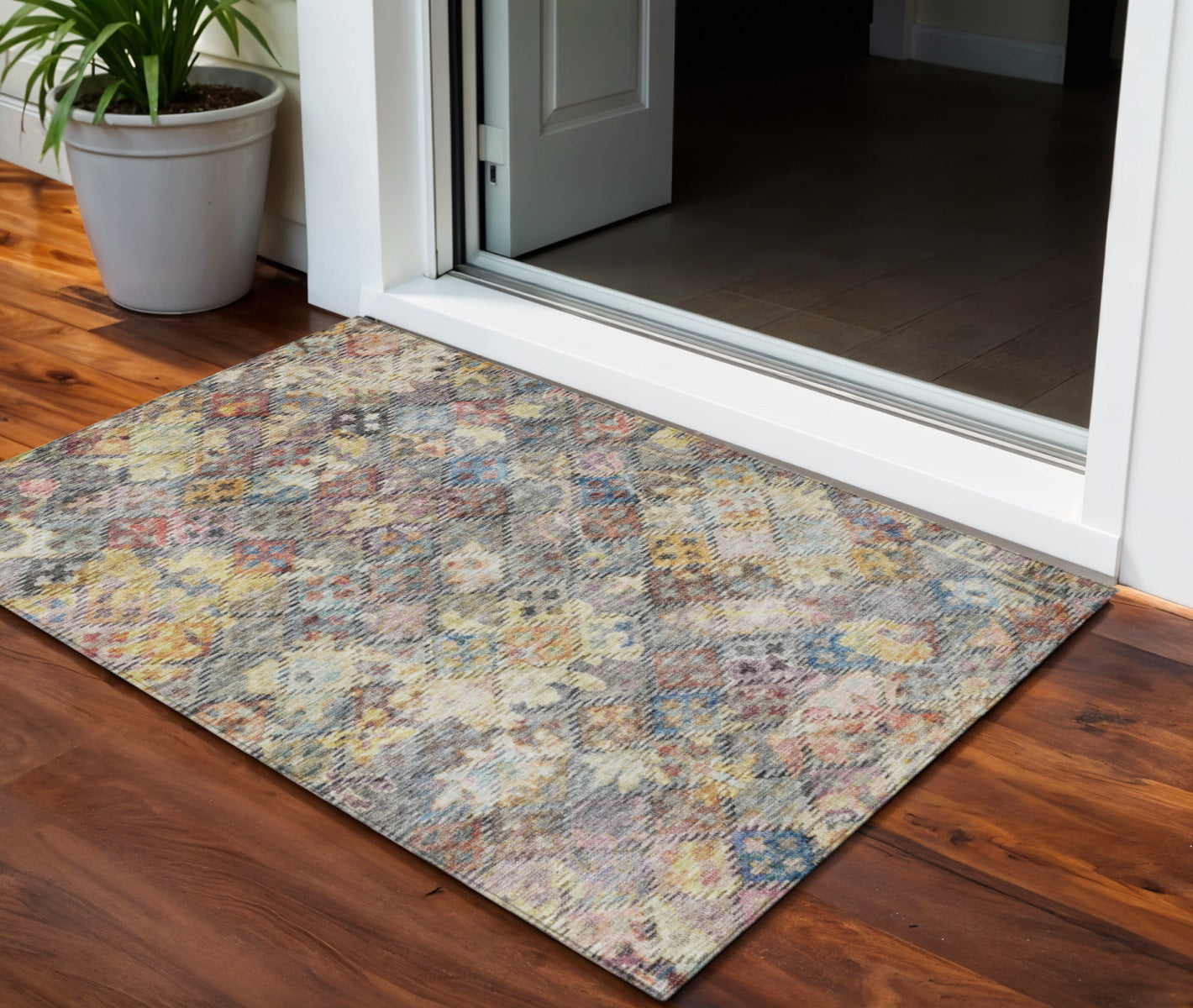 3 X 5 Gold Blue And Brown Floral Washable Indoor Outdoor Area Rug