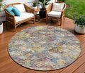 8 Gold Blue And Brown Round Floral Washable Indoor Outdoor Area Rug