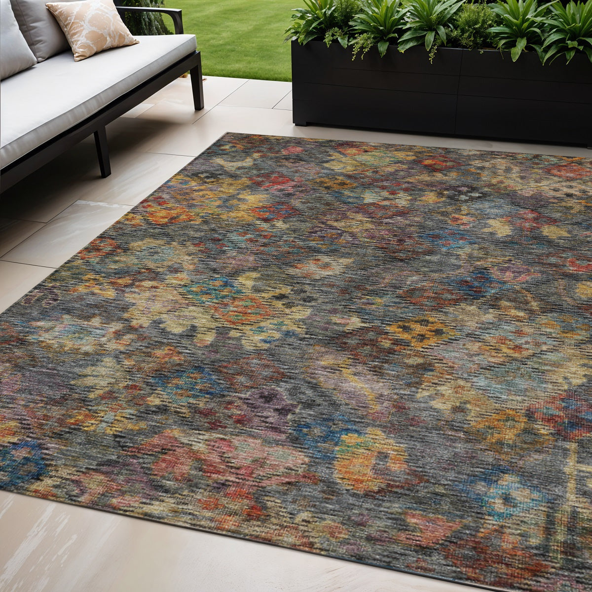5 X 8 Gray Green And Terra Cotta Floral Washable Indoor Outdoor Area Rug