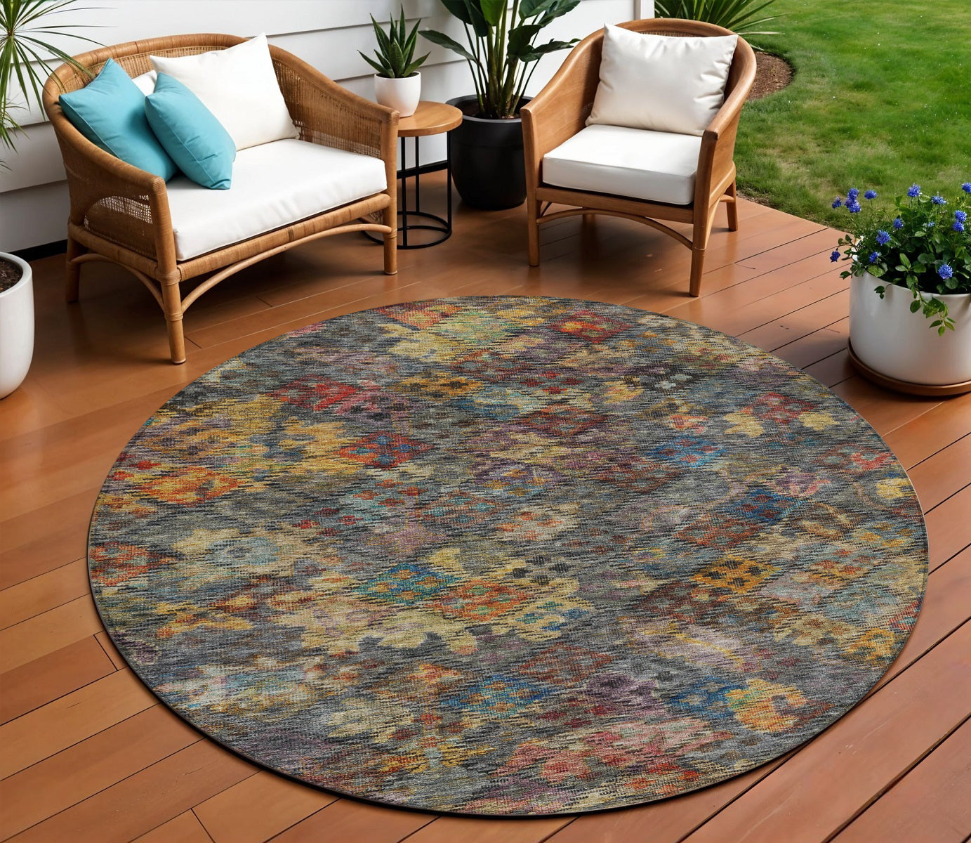 8 Gray Green And Terra Cotta Round Floral Washable Indoor Outdoor Area Rug