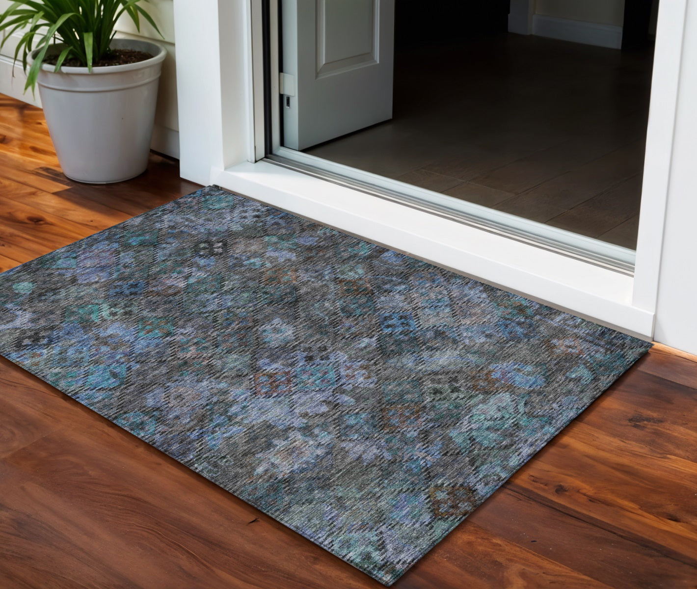 3 X 5 Teal Blue And Charcoal Floral Washable Indoor Outdoor Area Rug