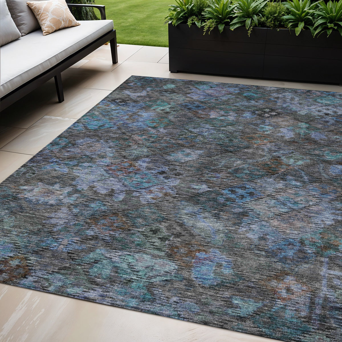 5 X 8 Teal Blue And Charcoal Floral Washable Indoor Outdoor Area Rug