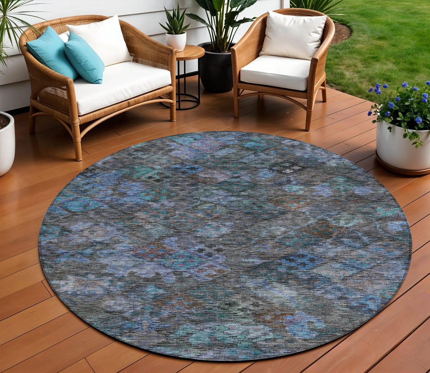 8 Teal Blue And Charcoal Round Floral Washable Indoor Outdoor Area Rug
