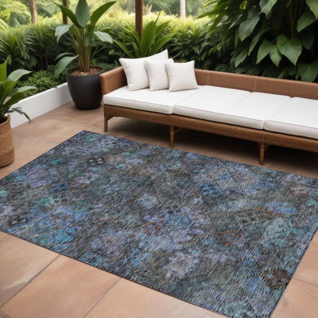 8 X 10 Teal Blue And Charcoal Floral Washable Indoor Outdoor Area Rug