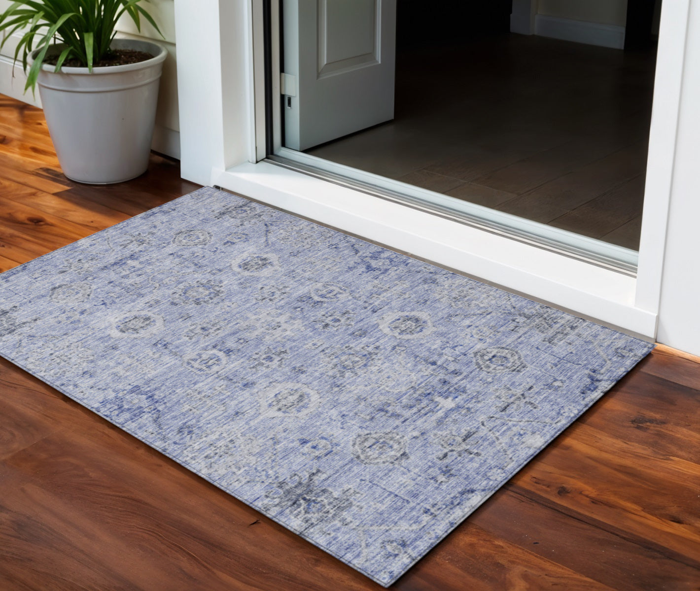 3 X 5 Blue And Gray Damask Washable Indoor Outdoor Area Rug