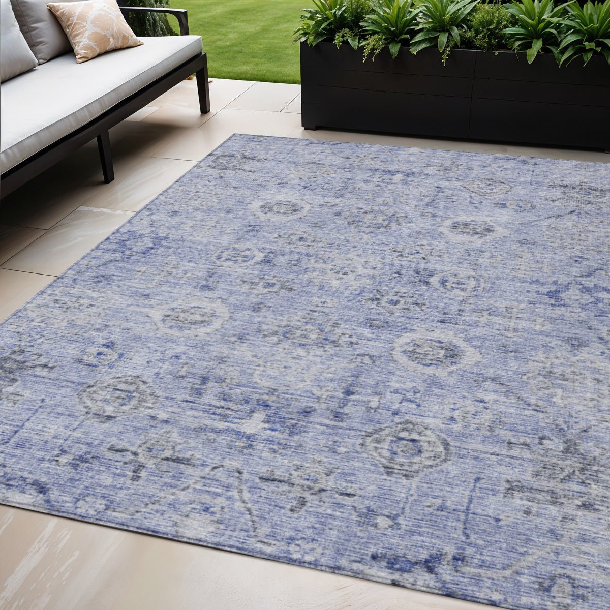 5 X 8 Blue And Gray Damask Washable Indoor Outdoor Area Rug