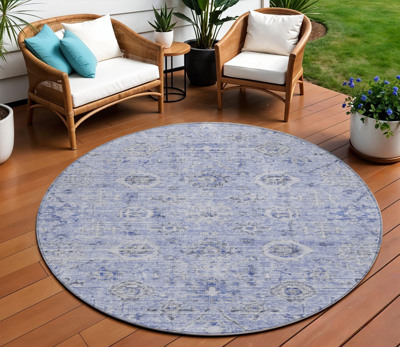 8 Blue And Gray Round Damask Washable Indoor Outdoor Area Rug