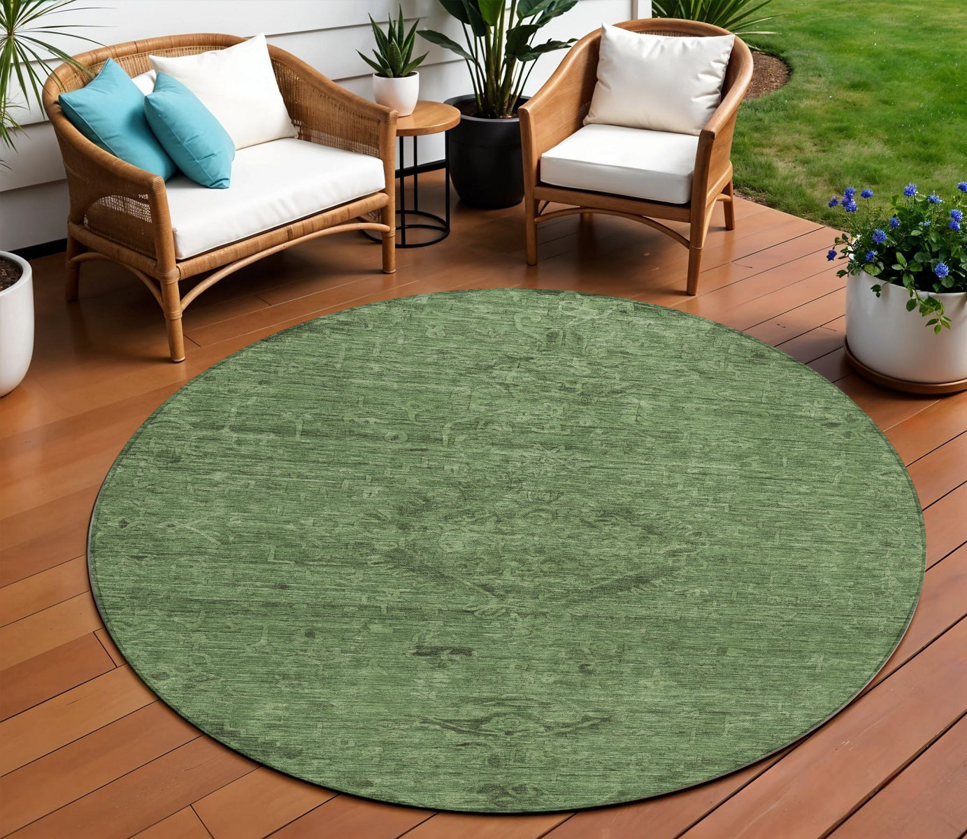 8 Fern Green And Dark Green Round Floral Washable Indoor Outdoor Area Rug