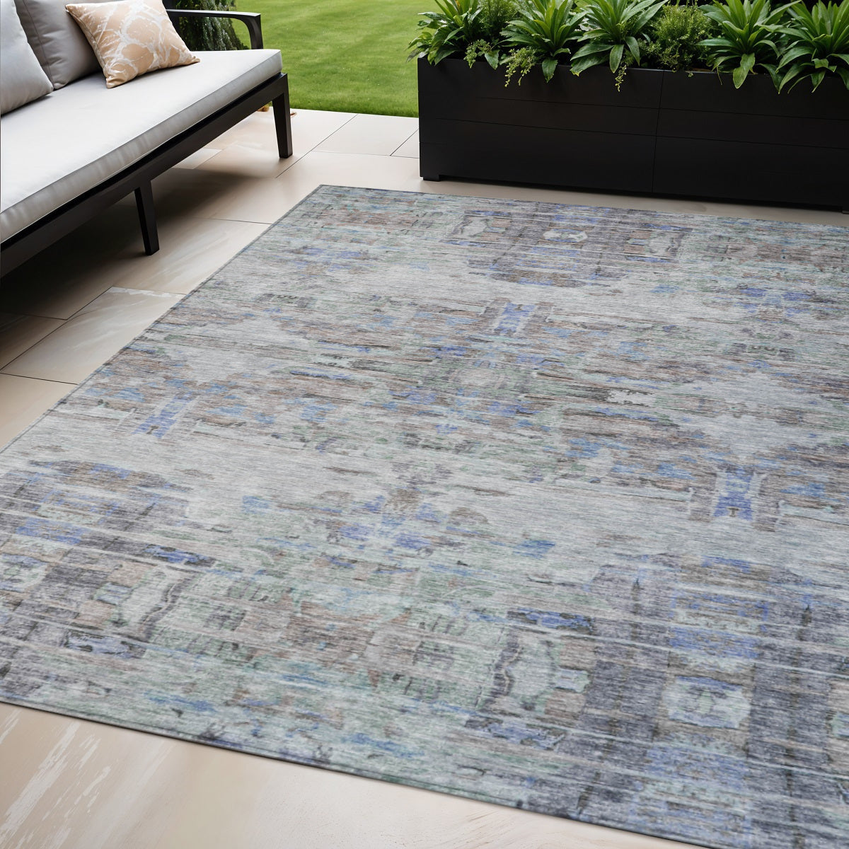 5 X 8 Taupe Blue And Green Abstract Washable Indoor Outdoor Area Rug