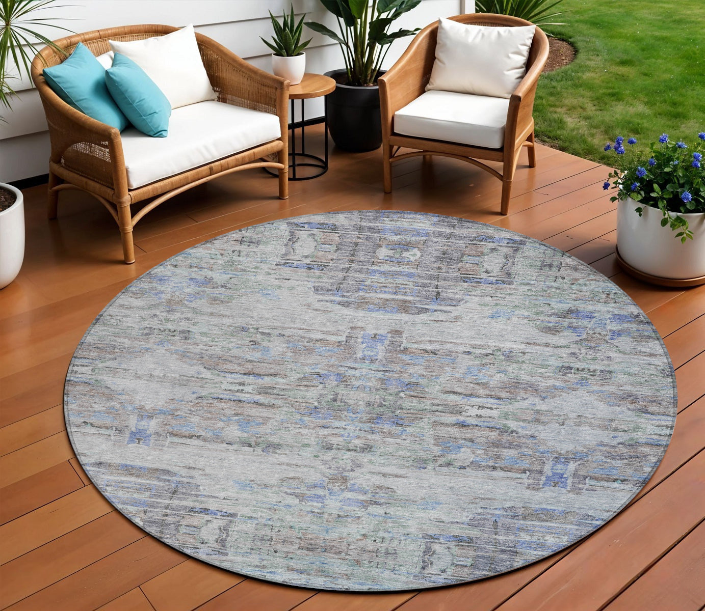 8 Taupe Blue And Green Round Abstract Washable Indoor Outdoor Area Rug
