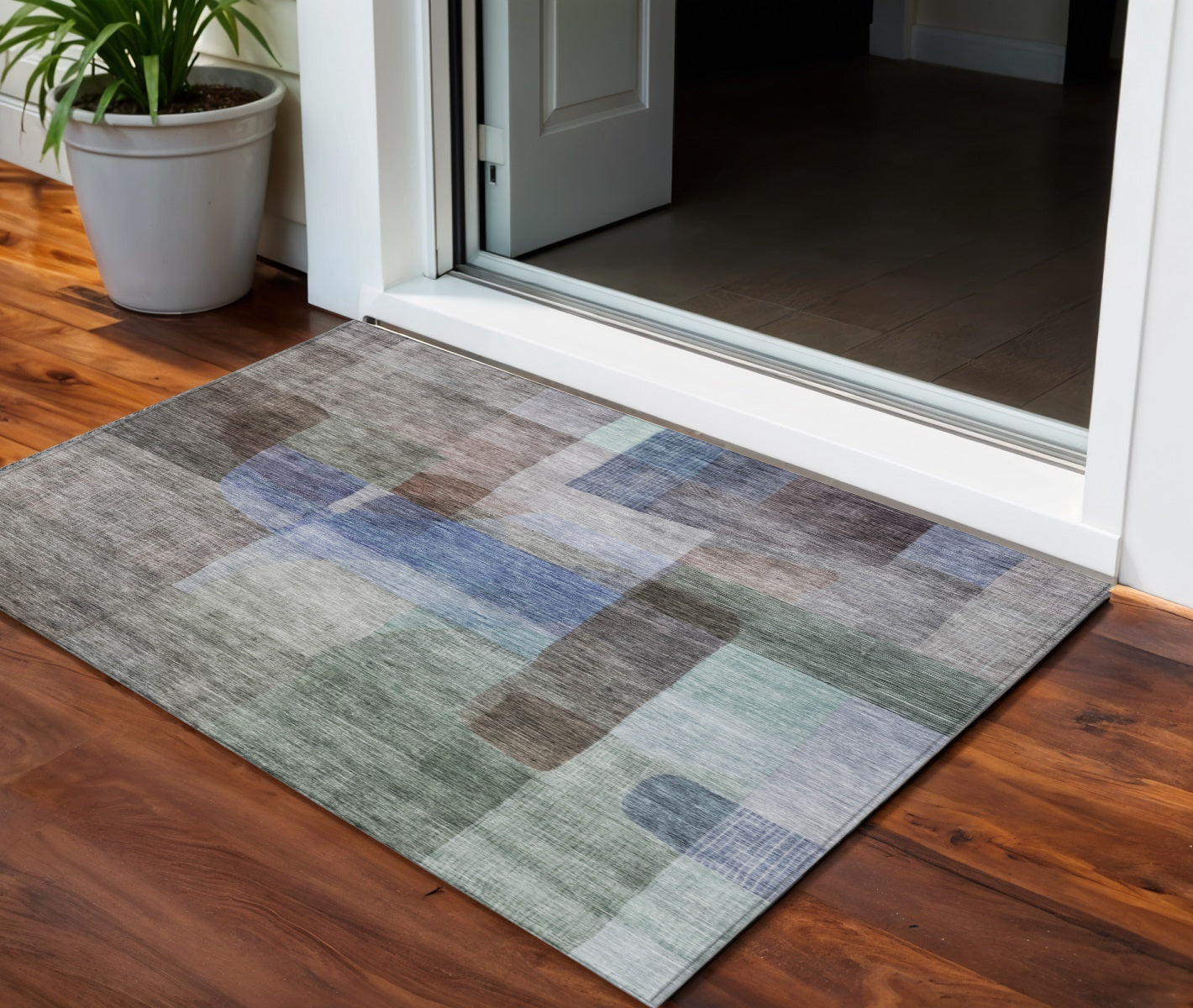 3 X 5 Brown Green And Blue Abstract Washable Indoor Outdoor Area Rug