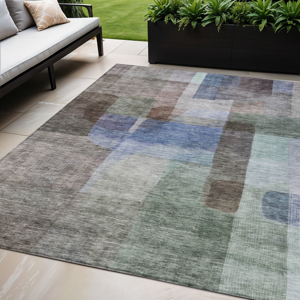 5 X 8 Brown Green And Blue Abstract Washable Indoor Outdoor Area Rug