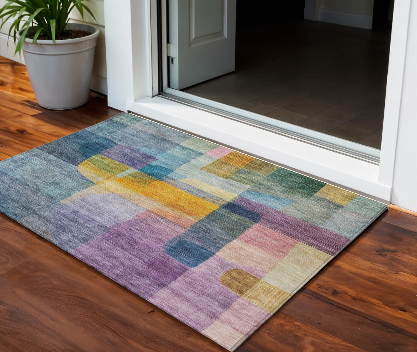 3 X 5 Blue Green And Purple Abstract Washable Indoor Outdoor Area Rug
