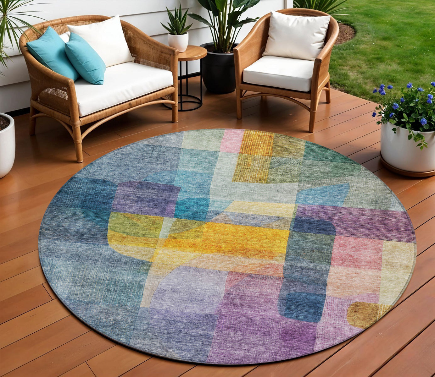 8 Blue Green And Purple Round Abstract Washable Indoor Outdoor Area Rug