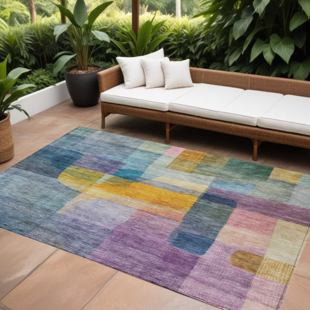 9 X 12 Blue Green And Purple Abstract Washable Indoor Outdoor Area Rug