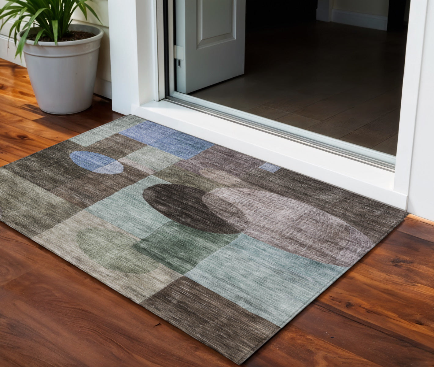 3 X 5 Brown Blue And Green Geometric Washable Indoor Outdoor Area Rug